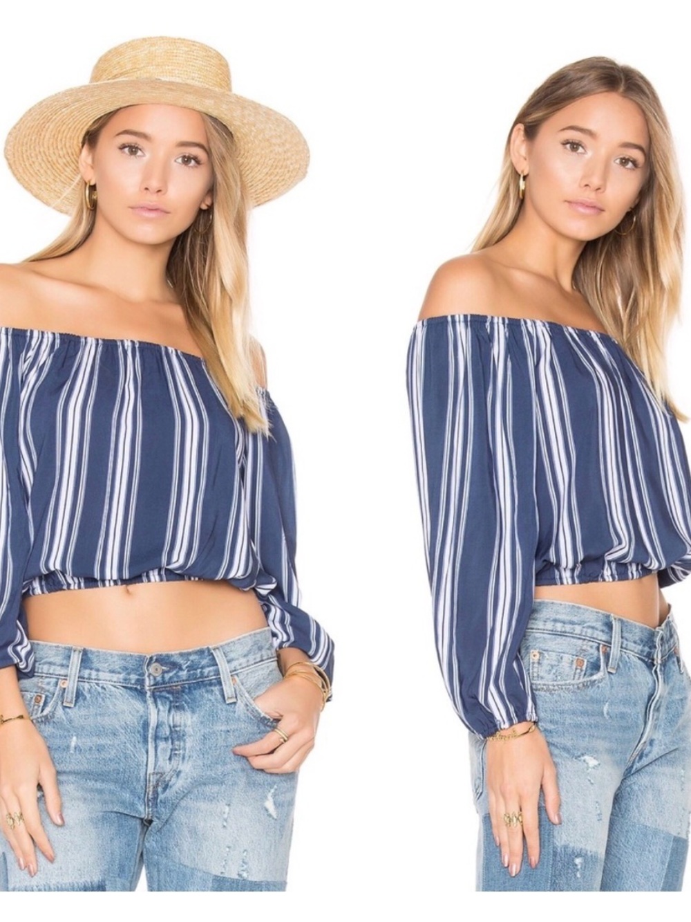 Show Me Your MuMu Navy & White Striped Off-Shoulder Crop Top